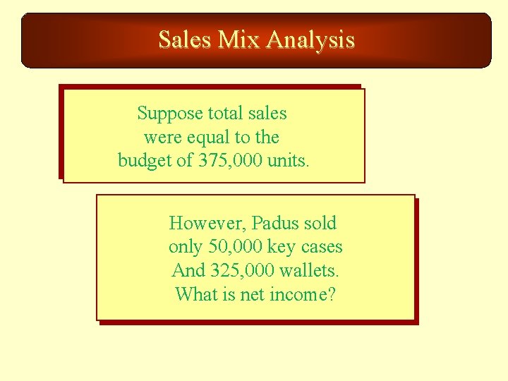 Sales Mix Analysis Suppose total sales were equal to the budget of 375, 000