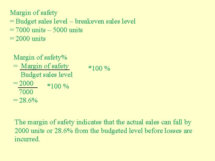 Margin of safety = Budget sales level – breakeven sales level = 7000 units