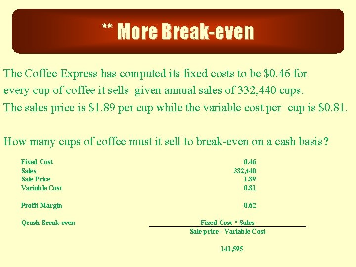 ** More Break-even The Coffee Express has computed its fixed costs to be $0.