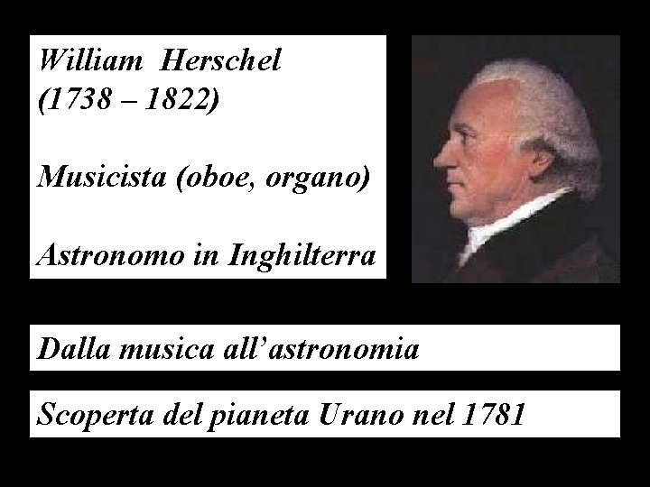 William Herschel (1738 – 1822) Musicista (oboe, organo) Astronomo in Inghilterra Dalla musica all’astronomia