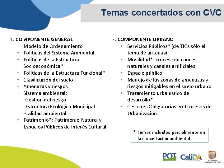 Temas concertados con CVC 1. COMPONENTE GENERAL • Modelo de Ordenamiento • Políticas del