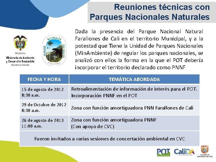 Reuniones técnicas con Parques Nacionales Naturales Dada la presencia del Parque Nacional Natural Farallones