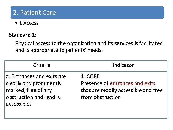 2. Patient Care • 1. Access Standard 2: Physical access to the organization and