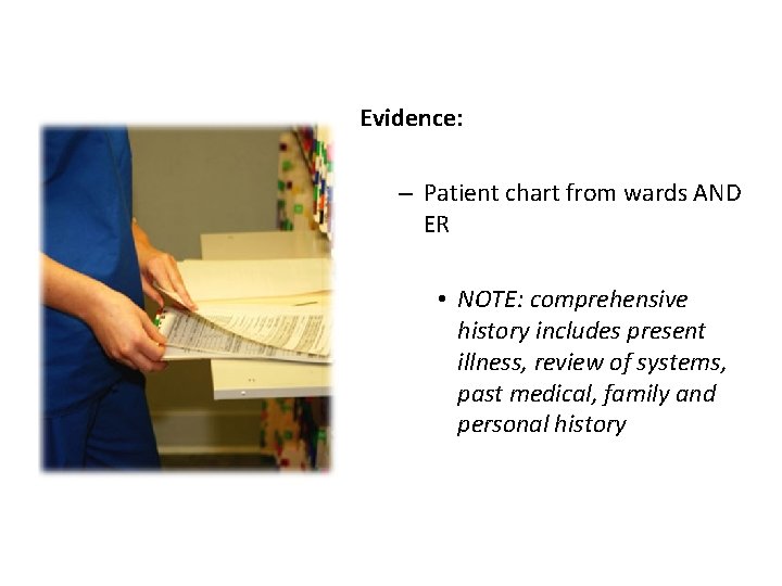 Evidence: – Patient chart from wards AND ER • NOTE: comprehensive history includes present