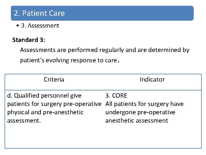2. Patient Care • 3. Assessment Standard 3: Assessments are performed regularly and are