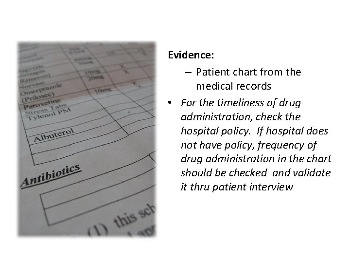 Evidence: – Patient chart from the medical records • For the timeliness of drug