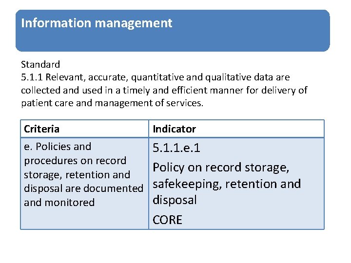 Information management Standard 5. 1. 1 Relevant, accurate, quantitative and qualitative data are collected
