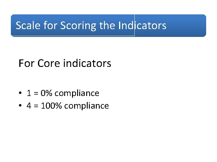 Scale for Scoring the Indicators For Core indicators • 1 = 0% compliance •