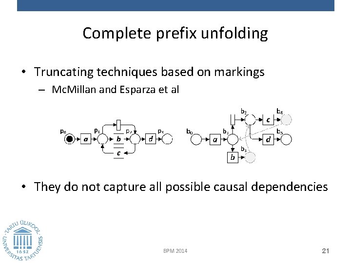 Complete prefix unfolding • Truncating techniques based on markings – Mc. Millan and Esparza