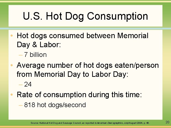U. S. Hot Dog Consumption • Hot dogs consumed between Memorial Day & Labor: