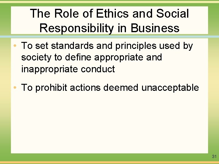 The Role of Ethics and Social Responsibility in Business • To set standards and