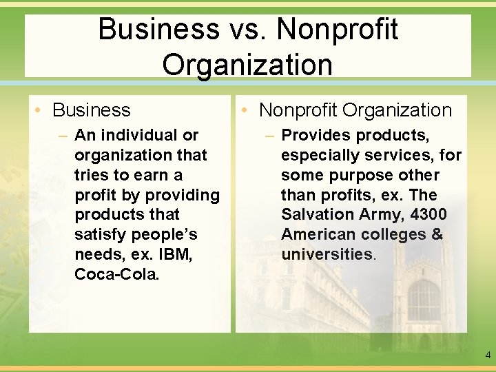 Business vs. Nonprofit Organization • Business – An individual or organization that tries to