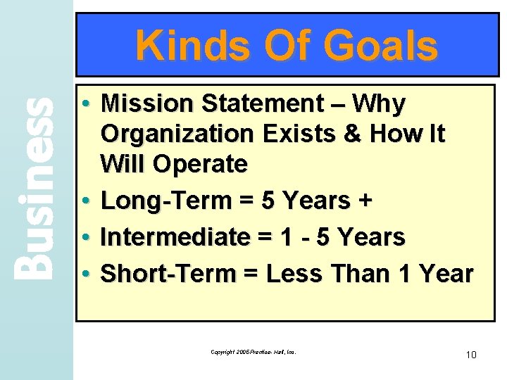 Business Kinds Of Goals • Mission Statement – Why Organization Exists & How It