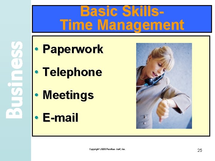 Business Basic Skills. Time Management • Paperwork • Telephone • Meetings • E-mail Copyright
