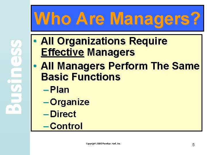 Business Who Are Managers? • All Organizations Require Effective Managers • All Managers Perform