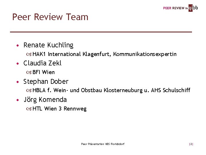 Peer Review Team • Renate Kuchling HAK 1 International Klagenfurt, Kommunikationsexpertin • Claudia Zekl