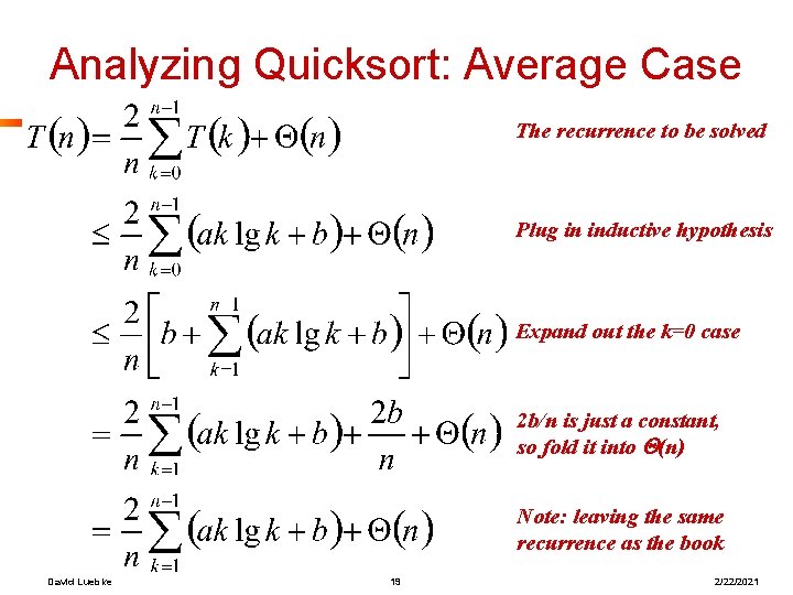 Analyzing Quicksort: Average Case The recurrence to be solved Plug What in inductive are