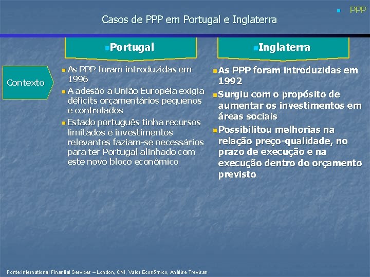 Casos de PPP em Portugal e Inglaterra n. Portugal n As Contexto PPP foram