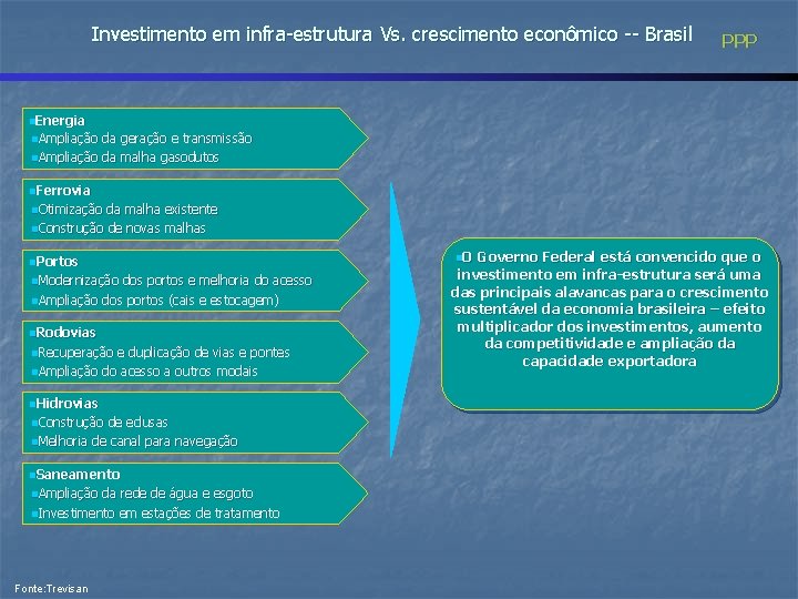Investimento em infra-estrutura Vs. crescimento econômico -- Brasil PPP n. Energia n Ampliação da