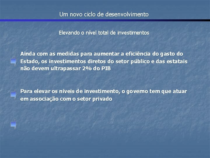 Um novo ciclo de desenvolvimento Elevando o nível total de investimentos Ainda com as