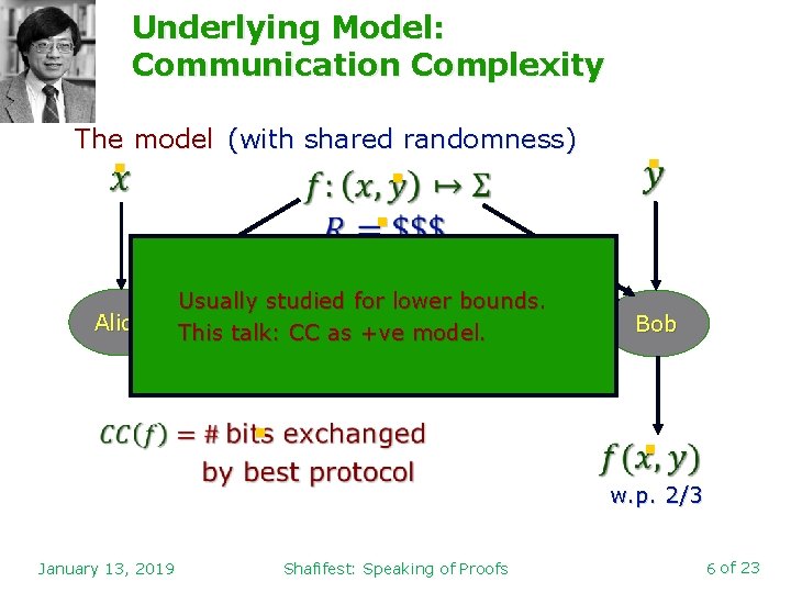 Underlying Model: Communication Complexity The model (with shared randomness) n n Alice Usually studied