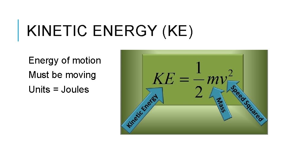 KINETIC ENERGY (KE) Energy of motion Must be moving Units = Joules 