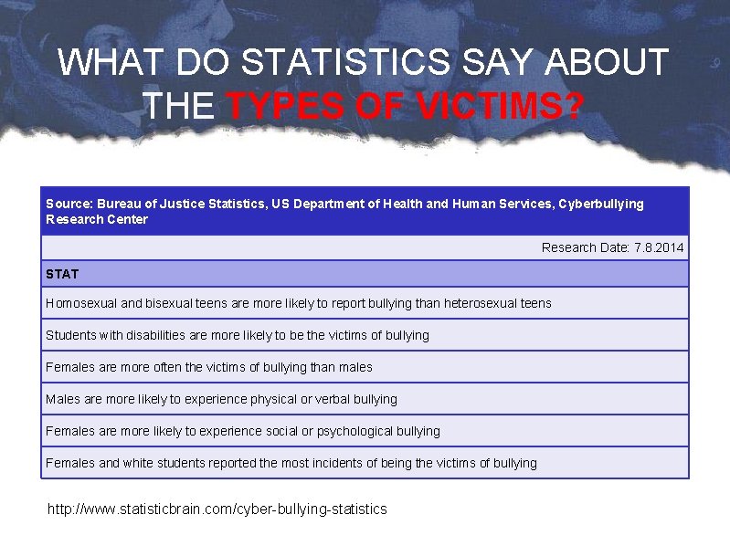 WHAT DO STATISTICS SAY ABOUT THE TYPES OF VICTIMS? Source: Bureau of Justice Statistics,