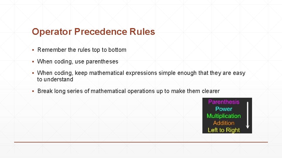 Operator Precedence Rules ▪ Remember the rules top to bottom ▪ When coding, use Operator Precedence Rules ▪ Remember the rules top to bottom ▪ When coding, use