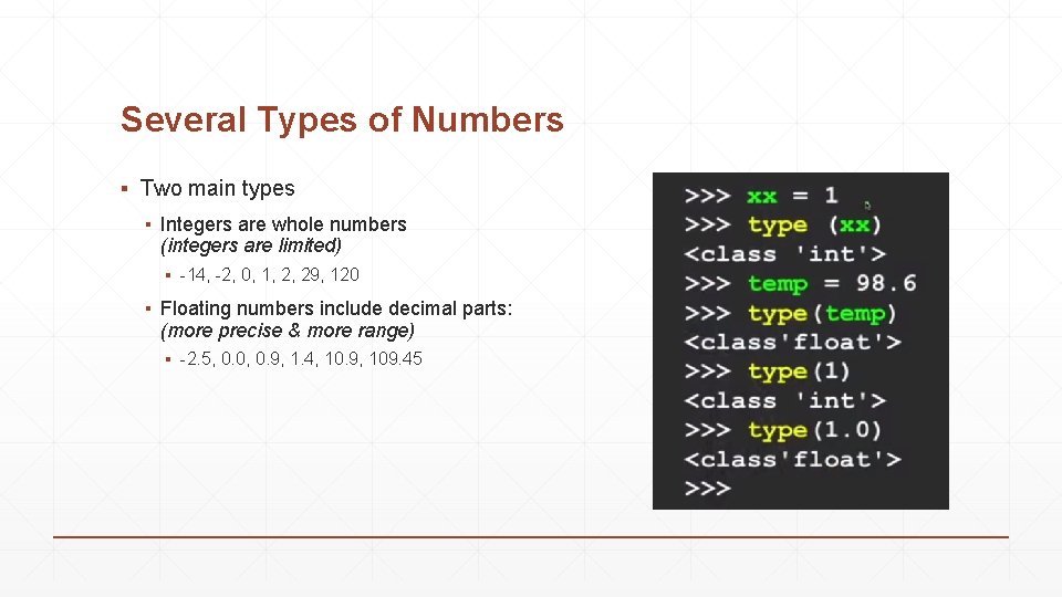 Several Types of Numbers ▪ Two main types ▪ Integers are whole numbers (integers Several Types of Numbers ▪ Two main types ▪ Integers are whole numbers (integers