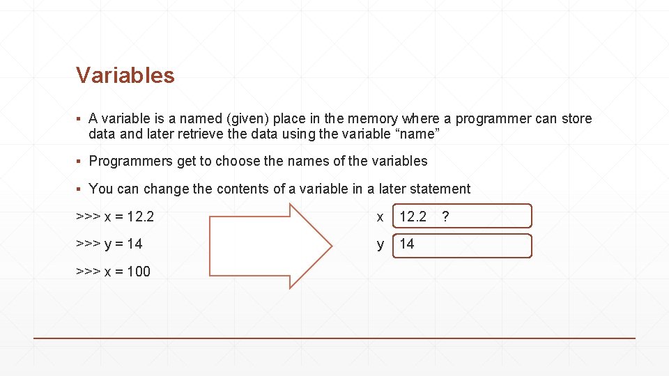 Variables ▪ A variable is a named (given) place in the memory where a Variables ▪ A variable is a named (given) place in the memory where a