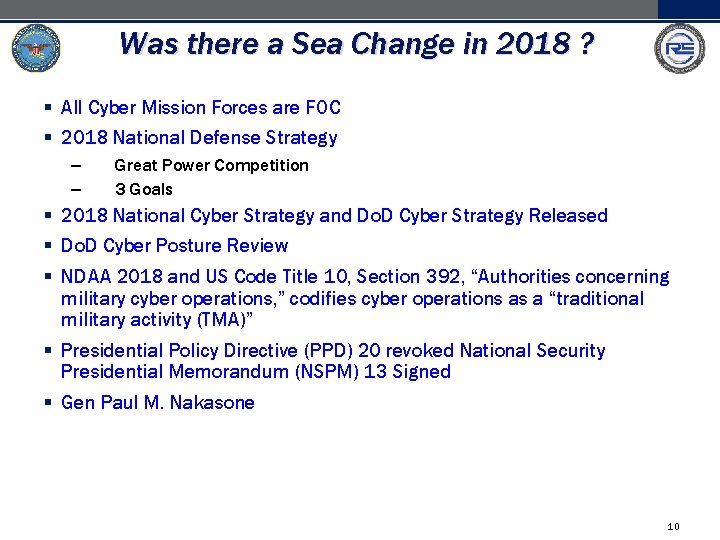 Was there a Sea Change in 2018 ? § All Cyber Mission Forces are