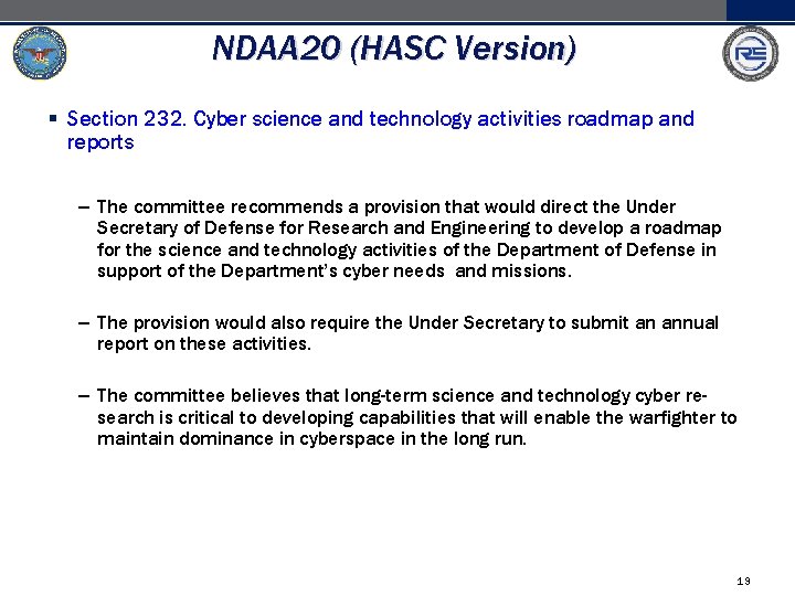 NDAA 20 (HASC Version) § Section 232. Cyber science and technology activities roadmap and