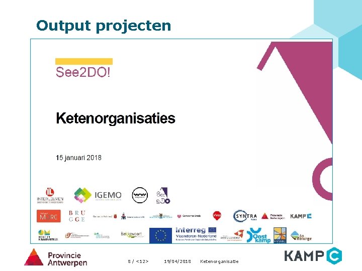 Output projecten 8 / <12> 19/04/2018 Ketenorganisatie 