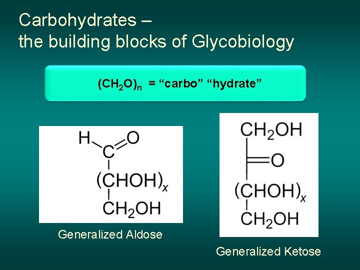 Carbohydrates – the building blocks of Glycobiology (CH 2 O)n = “carbo” “hydrate” Generalized