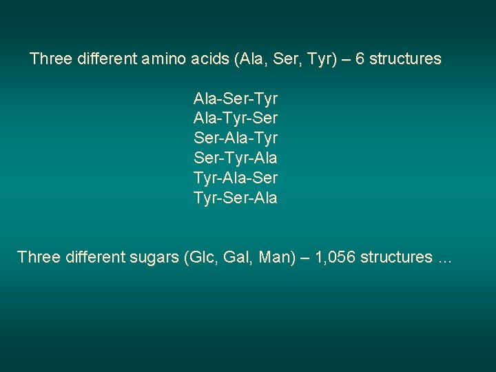 Three different amino acids (Ala, Ser, Tyr) – 6 structures Ala-Ser-Tyr Ala-Tyr-Ser Ser-Ala-Tyr Ser-Tyr-Ala-Ser