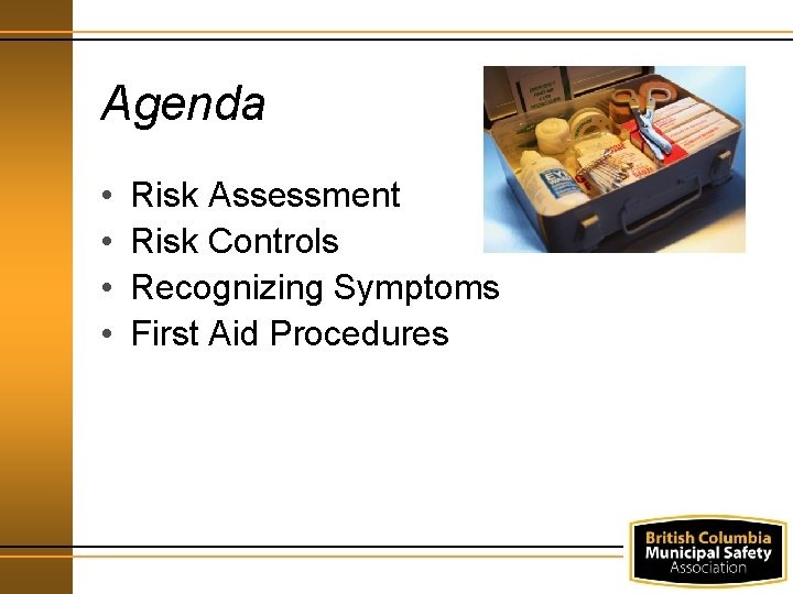Agenda • • Risk Assessment Risk Controls Recognizing Symptoms First Aid Procedures 