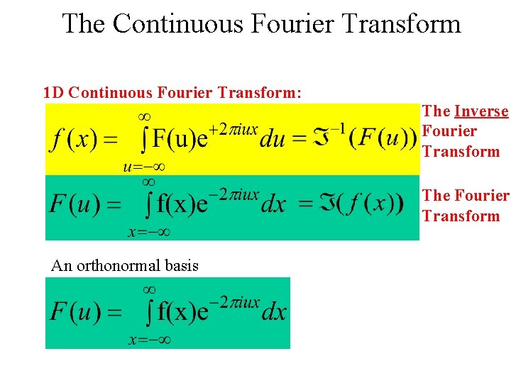 The Continuous Fourier Transform 1 D Continuous Fourier Transform: Basis functions: An orthonormal basis