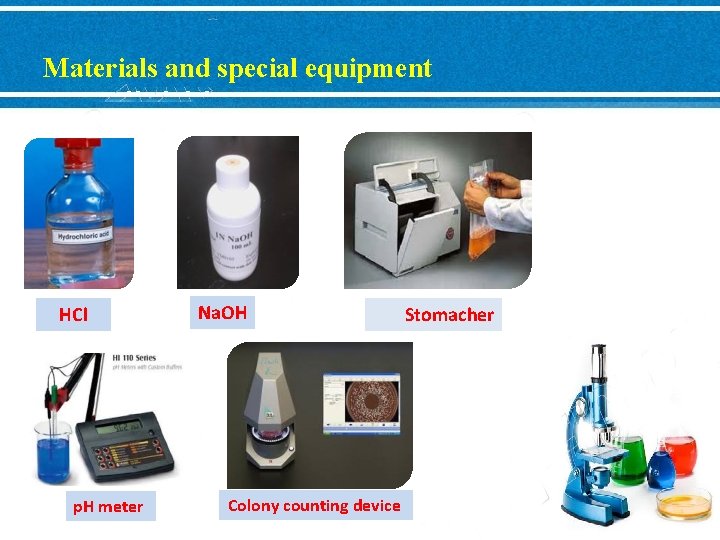Materials and special equipment HCl p. H meter Na. OH Colony counting device Stomacher