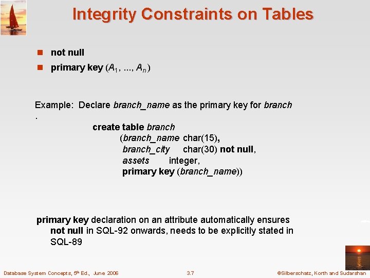 Integrity Constraints on Tables n not null n primary key (A 1, . .