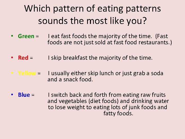 Which pattern of eating patterns sounds the most like you? • Green = I