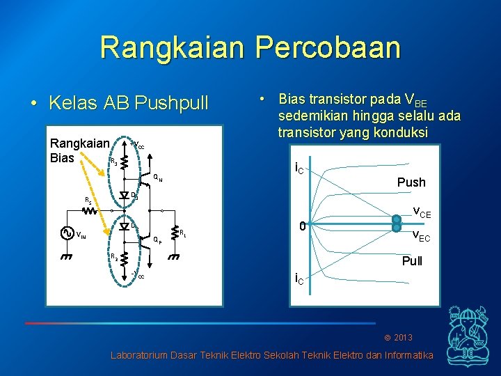 Rangkaian Percobaan • Kelas AB Pushpull Rangkaian Bias R 1 +VCC • Bias transistor