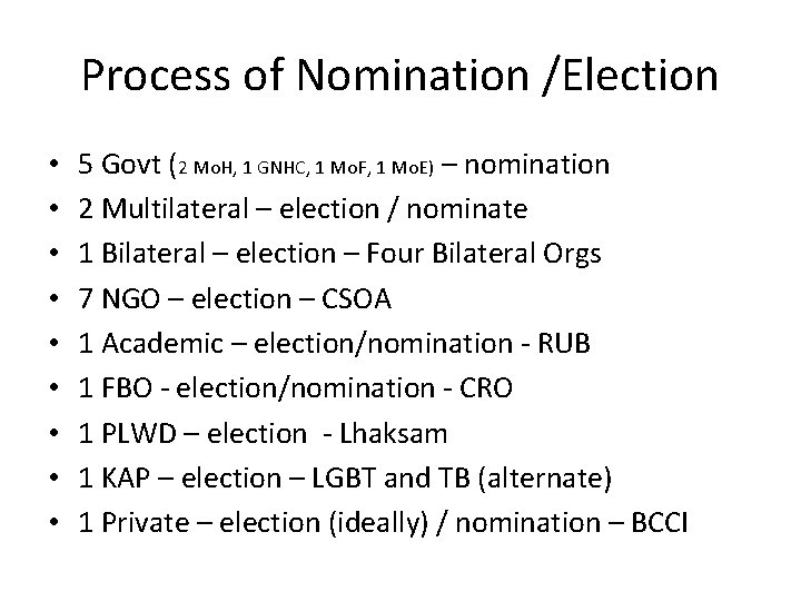 Process of Nomination /Election • • • 5 Govt (2 Mo. H, 1 GNHC,