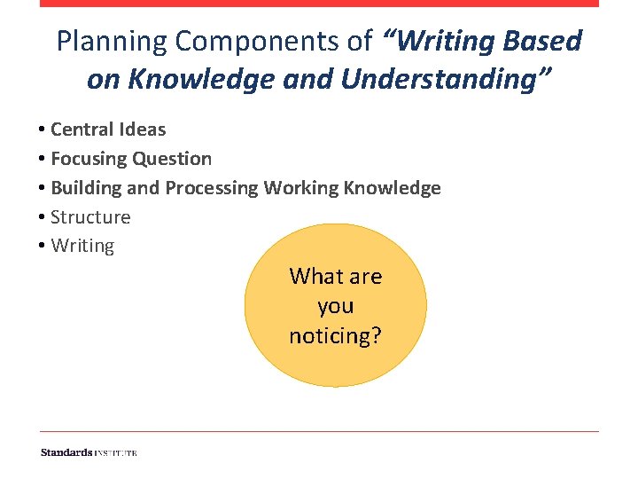Planning Components of “Writing Based on Knowledge and Understanding” • Central Ideas • Focusing