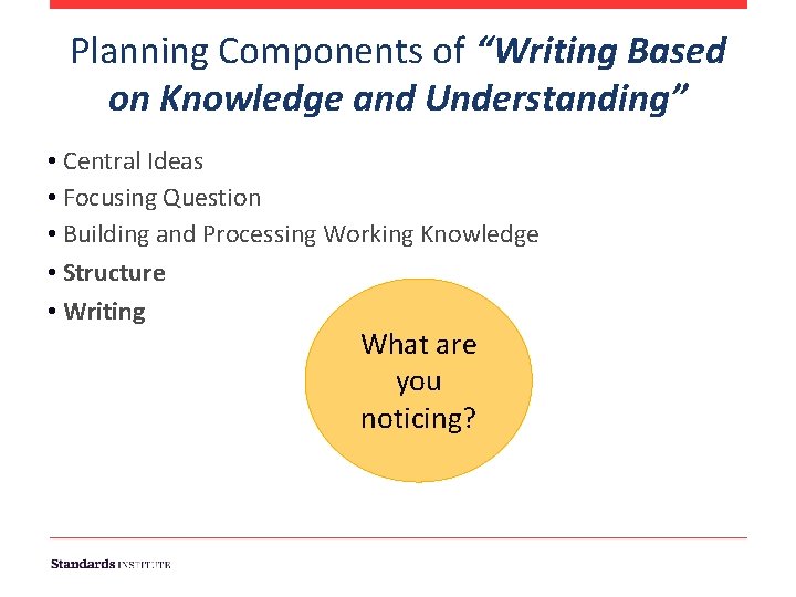 Planning Components of “Writing Based on Knowledge and Understanding” • Central Ideas • Focusing