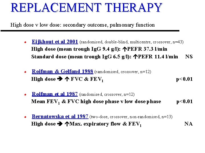 REPLACEMENT THERAPY High dose v low dose: secondary outcome, pulmonary function l l Eijkhout