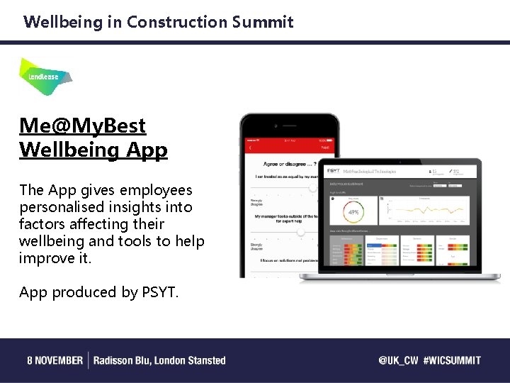Wellbeing in Construction Summit Me@My. Best Wellbeing App The App gives employees personalised insights