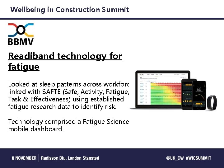 Wellbeing in Construction Summit Readiband technology for fatigue Looked at sleep patterns across workforce