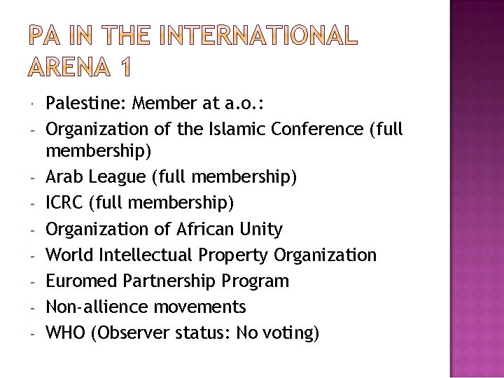  - Palestine: Member at a. o. : Organization of the Islamic Conference (full