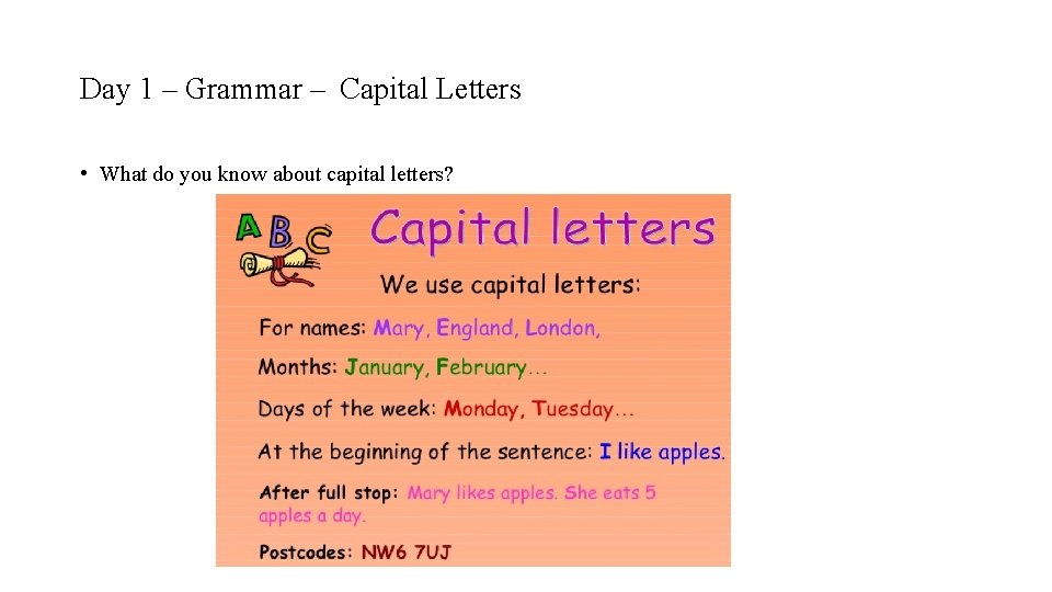 Day 1 – Grammar – Capital Letters • What do you know about capital