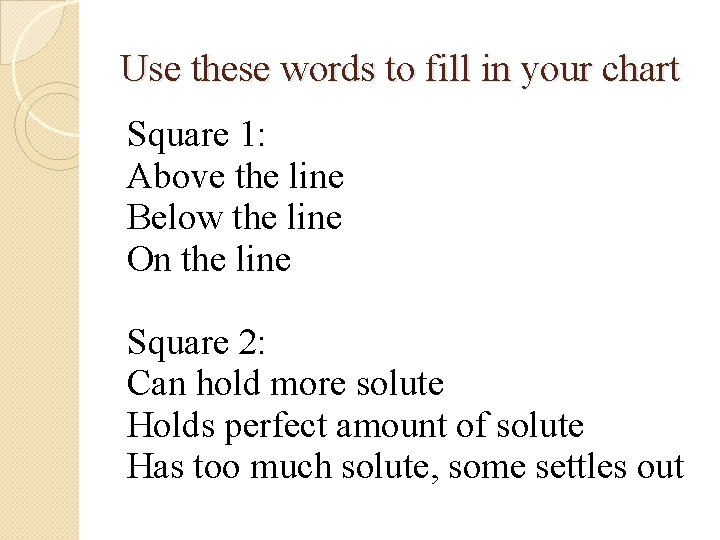 Use these words to fill in your chart Square 1: Above the line Below Use these words to fill in your chart Square 1: Above the line Below